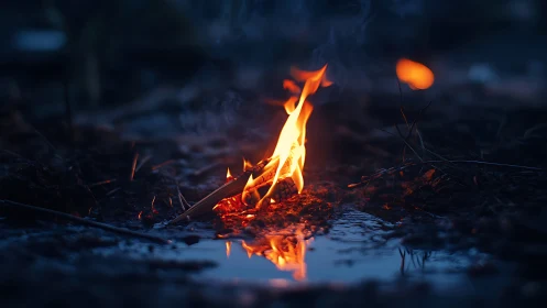 Nocturnal Campfire Combustion with Aqueous Surface Reflection.