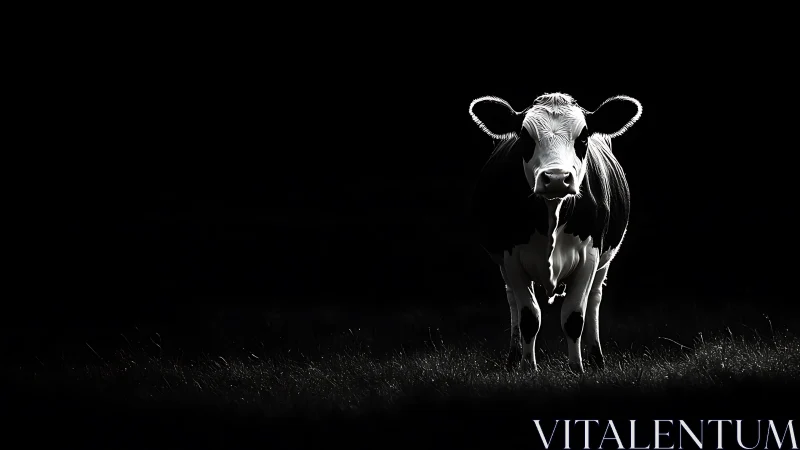 Gentle cow standing in moonlit field with quiet confidence.