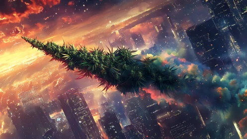 Elongated plant-like object traverses illuminated cityscape