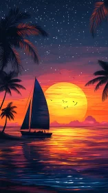 Sailing vessel crosses tropical water before stylized sunset