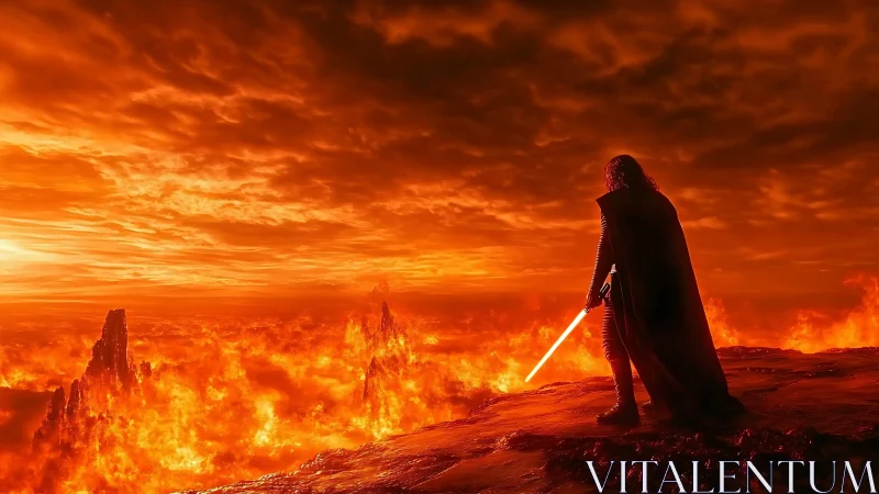 Armored warrior surveys volcanic lava plain with ignited energy blade