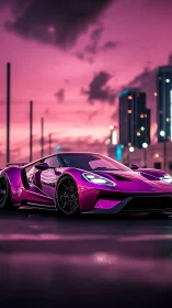Aerodynamic magenta supercar under neon dusk urban skyline