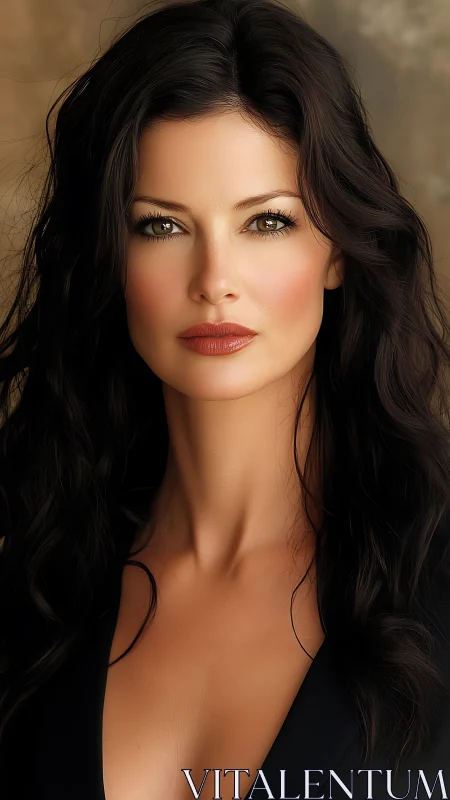 Photorealistic brunette portrait with intense direct gaze.