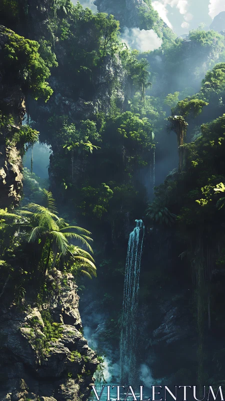 Verdant cliff canyon frames luminous jungle waterfall.
