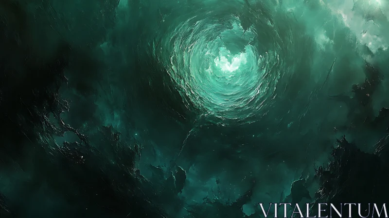 Emerald cosmic vortex swirls toward a mysterious radiant core