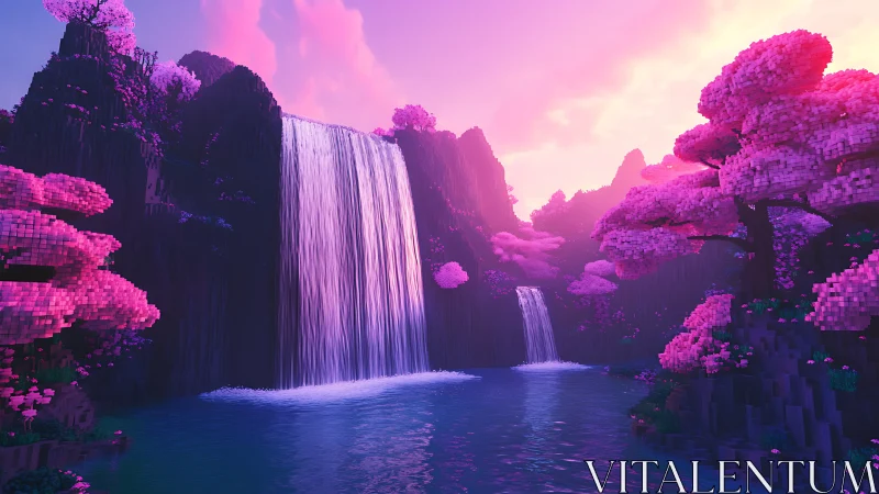Voxel waterfall valley with pink trees at sunset.