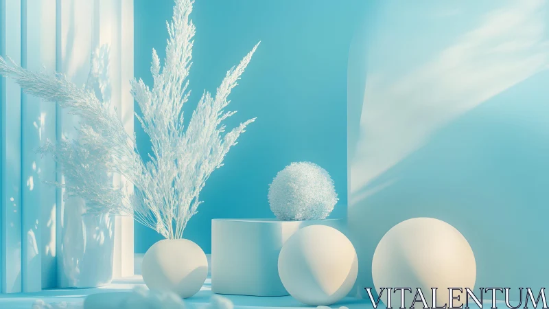 Soft blue still life with glowing orbs and feathery stems.