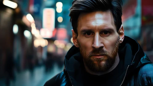 Hyperreal male portrait in shallow depth neon city street