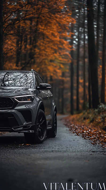 Sport SUV waits on wet forest road amid rich autumn color.