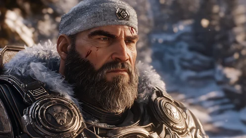 Weathered warrior gazing ahead in a quiet winter valley.