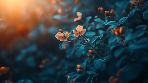 Twilight blossoms quietly negotiate between teal and gold light