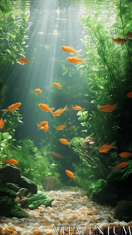 Sunlit goldfish swim through lush planted aquarium.