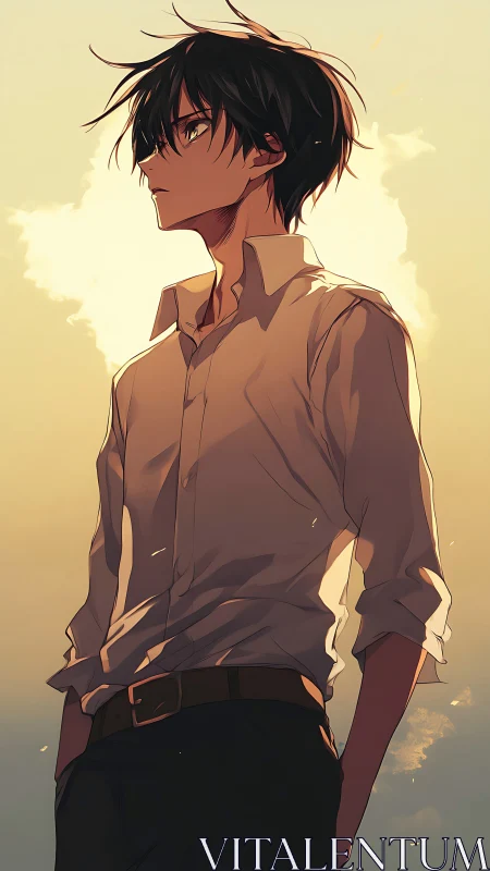 Side profile of youth in shirt against pale sky backdrop.