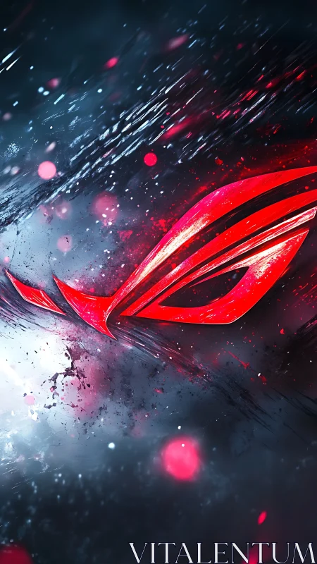 Red angular emblem on dark textured digital background.