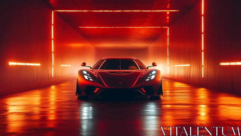 Midnight supercar glowing in a neon-lit tunnel of firelight.