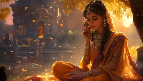 Seated woman in traditional dress sits beneath a tree