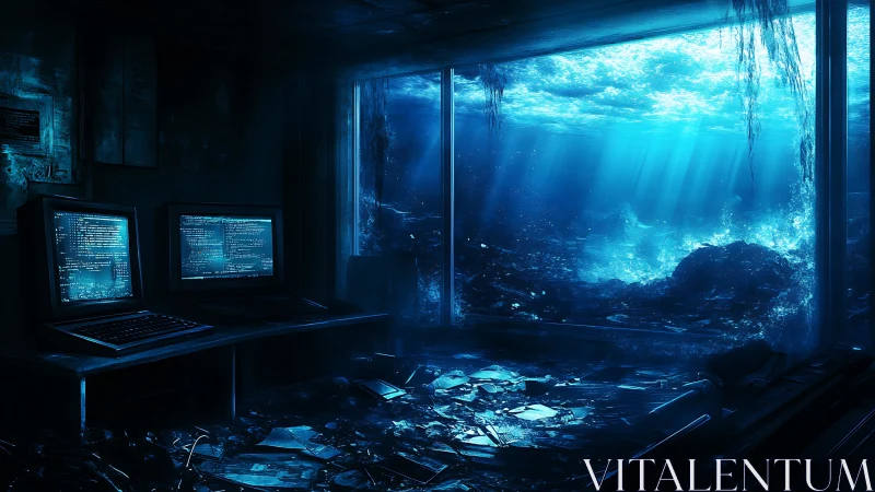 Underwater hacker lab glows with flooded neon ruins.