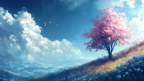 Blossoming cherry tree on sunlit hillside under vast sky.