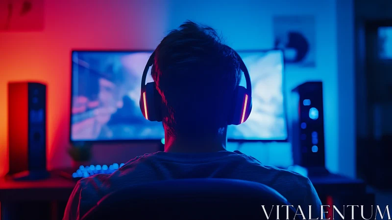 Neon gamer bathed in dueling blue and crimson glow.