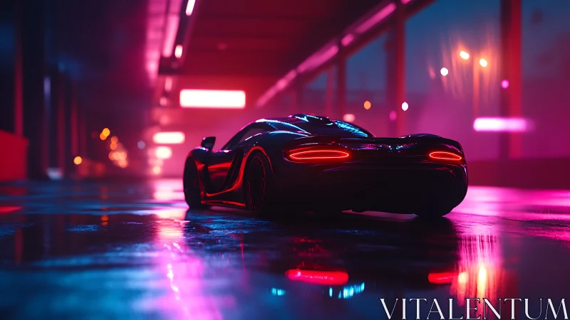 Neon drenched supercar prowls through a mirror bright nightway