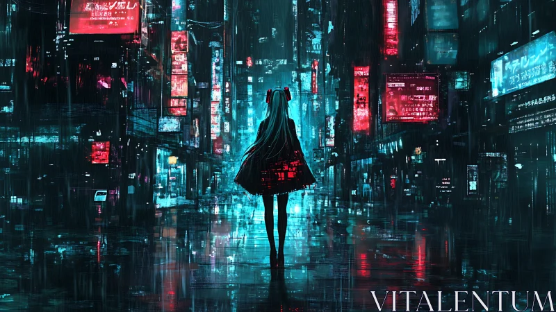 Neon rainwalker drifts through a cybernetic midnight maze.