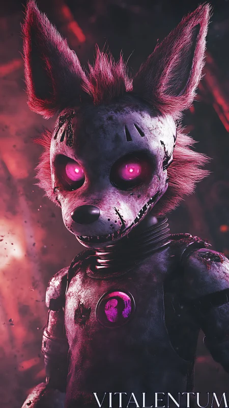 Cybernetic fox animatronic with neon magenta eye cores.