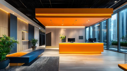 Modern Corporate Reception Lobby with Orange Accent Elements.