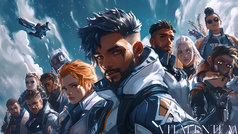 Multicharacter sci fi crew portrait under cloudy sky.