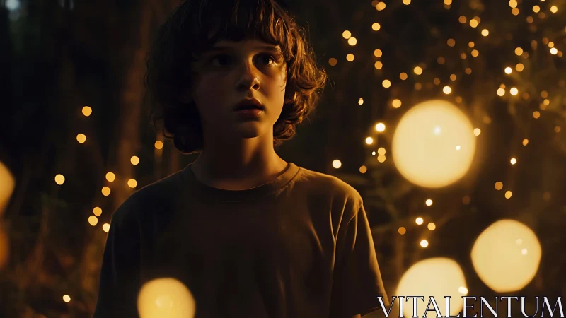 Boy in forest at night surrounded by glowing orbs.
