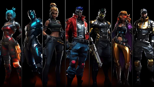 Heroic cyber squad lineup in dramatic neon rim lighting.