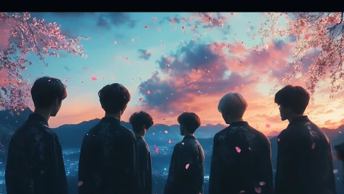 Six silhouetted figures observe a cherry blossom sunset sky