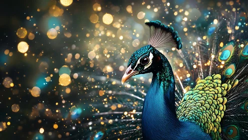 Vibrant peacock portrait with glowing bokeh lights background.