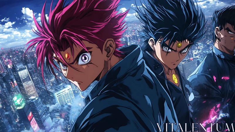 Psychic fighters glare over neon city under stormy sky