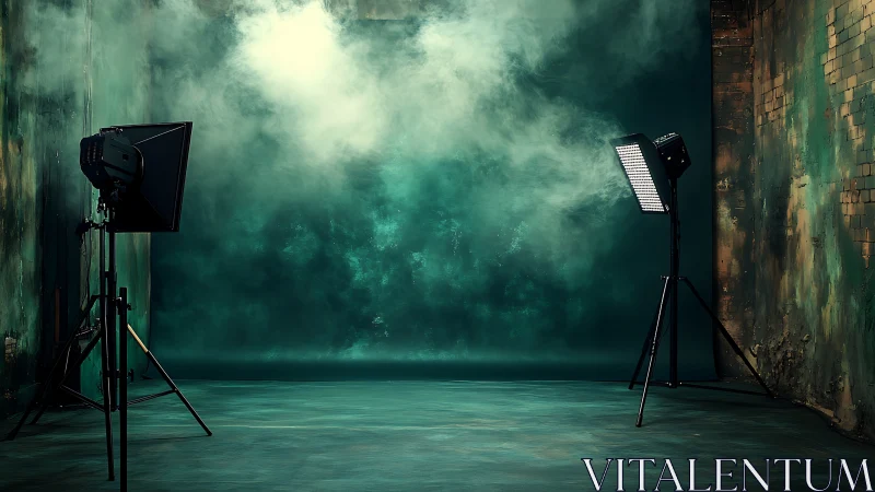 Moody studio stage glows in cinematic teal fog and light.