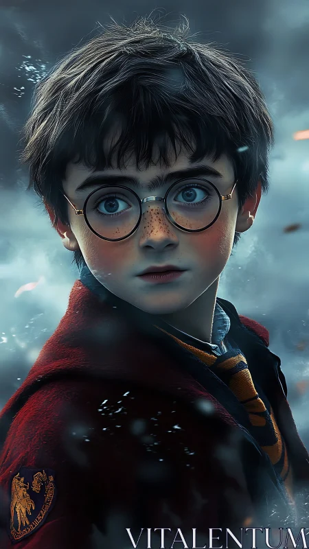 Young bespectacled wizard gazes into swirling winter magic.