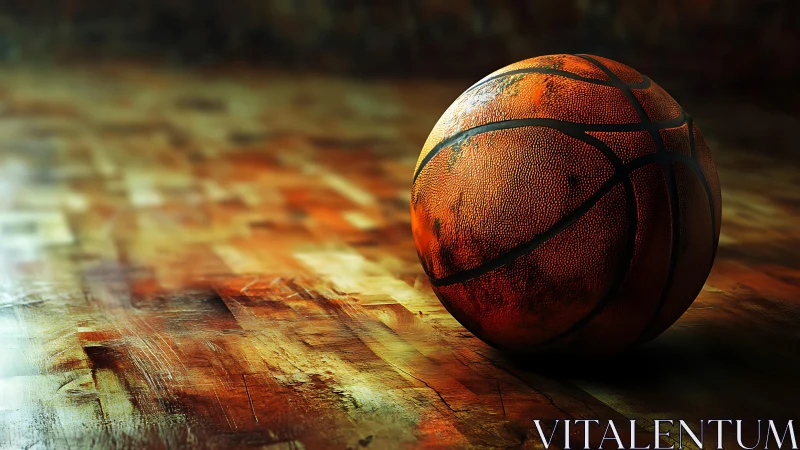 Textured basketball resting on warm wooden court floor.