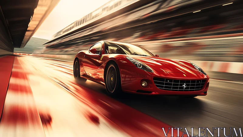 Red supercar races down sunlit track at dramatic speed.