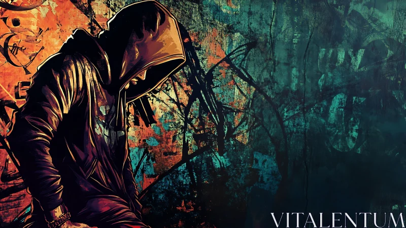 Hooded figure in urban graffiti wall digital painting.