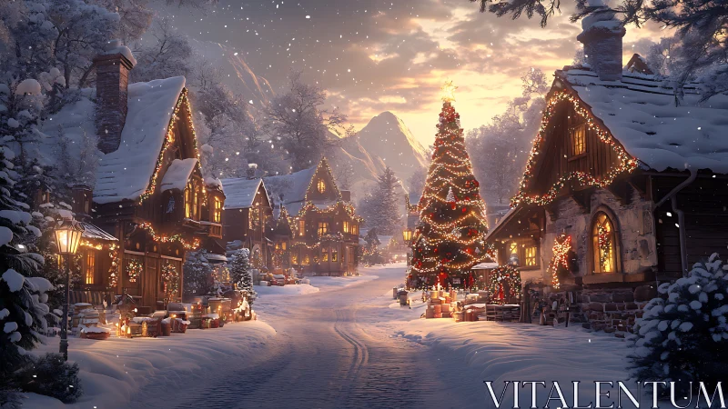 Snow-laden alpine village street with illuminated festive architecture.