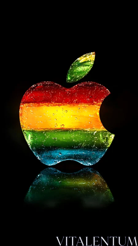 3D liquid glass apple emblem with prismatic color bands.