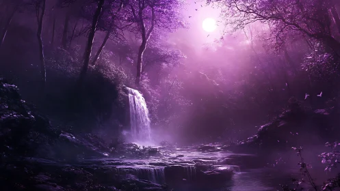 Luminous violet moonlit waterfall in dense enchanted forest