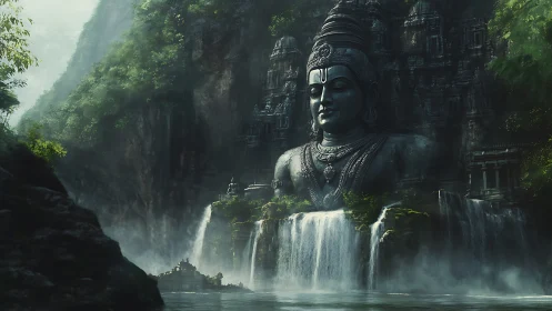 Colossal rock-cut deity emerging from mist-laden waterfalls