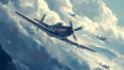 World War II fighter aircraft in coordinated cloud formation.