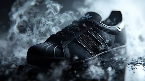Black sneaker rests in dramatic smoke lit by hard backlight