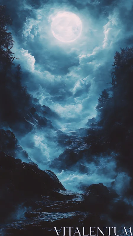 Moonlit canyon landscape shows misty rocks and dense clouds