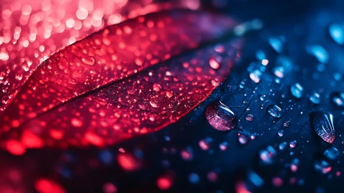 Radiant red leaf glows gently under cool blue raindrops