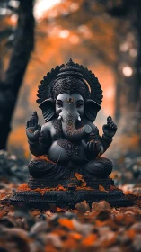 Ganesh idol amid autumn forest bokeh, serene focus.