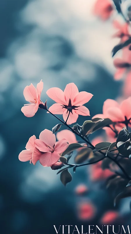 Pink Blossoms Against Teal: Selective Focus Botanical Study