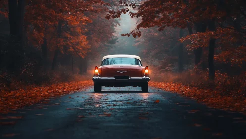 Vintage car glides through a misty autumn forest road.