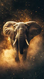 Majestic elephant charges through glowing dust storm.